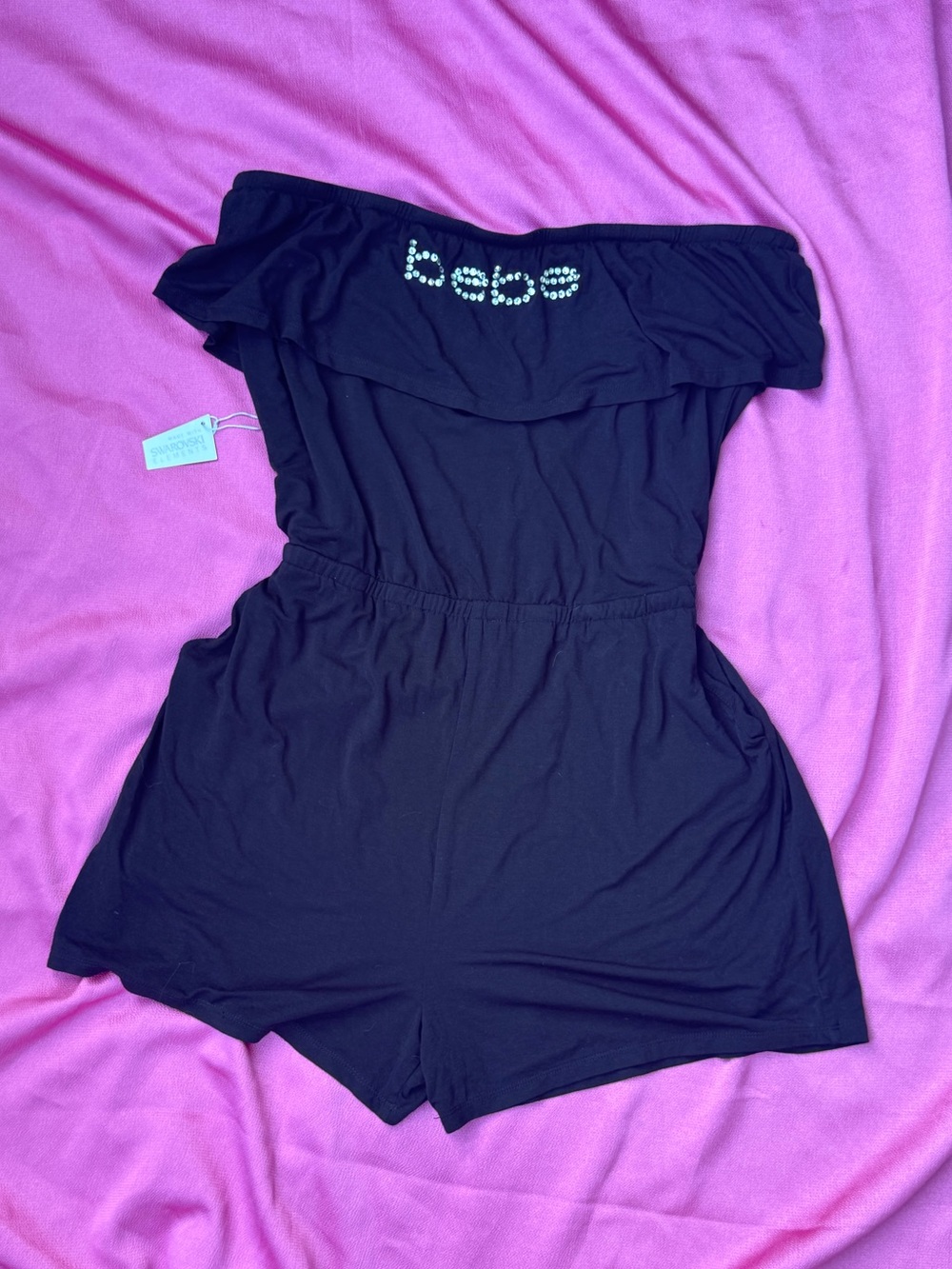 NWT🖤bebe Strapless Rhinestone Logo Romper🖤